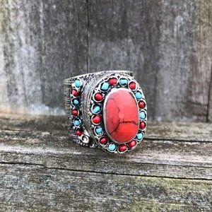 Bohemian Silver Ring with Red and Turquoise Accents